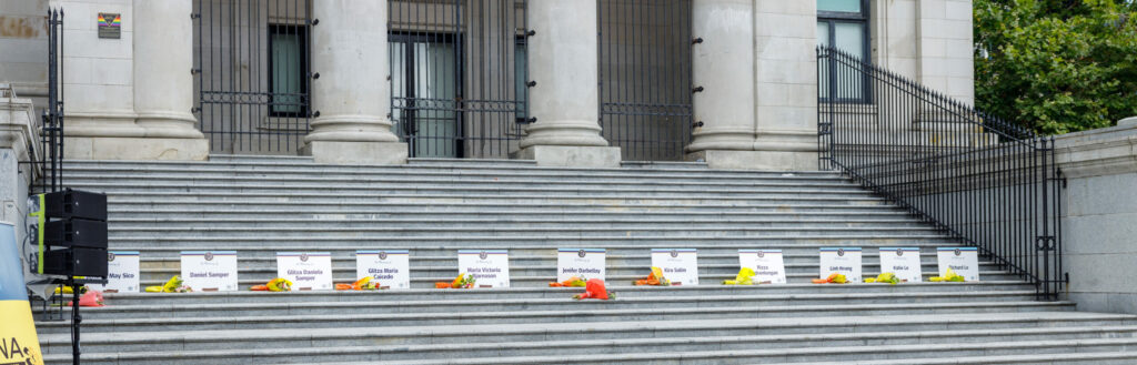 Memorial display on Vancouver Art Gallery steps honoring 11 victims killed in tragic vehicle incident